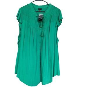 Torrid Blouse Womens 4XL Green Sleeveless Lace Yoke Button Front Flowy New